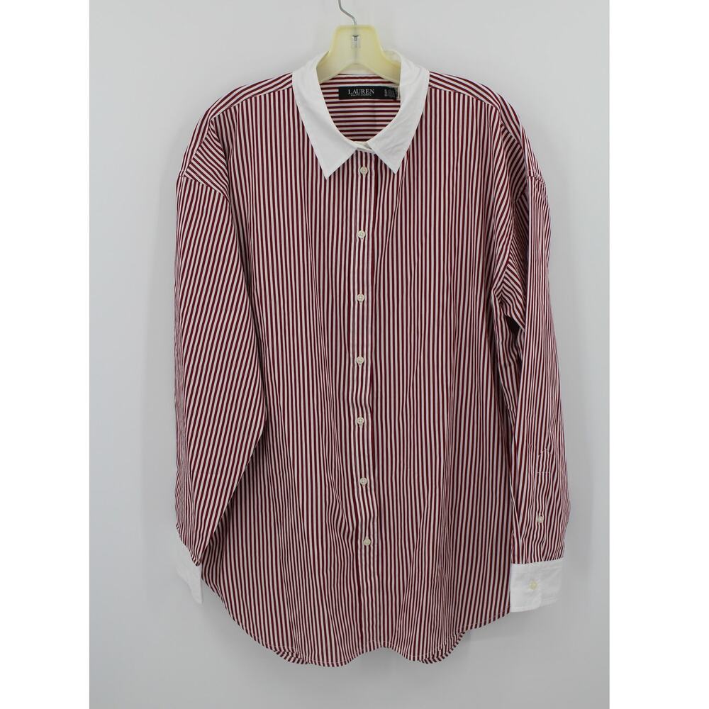 Lauren Ralph Lauren Women's XL Striped Broadcloth Button Down Shirt Red White - Picture 2 of 8